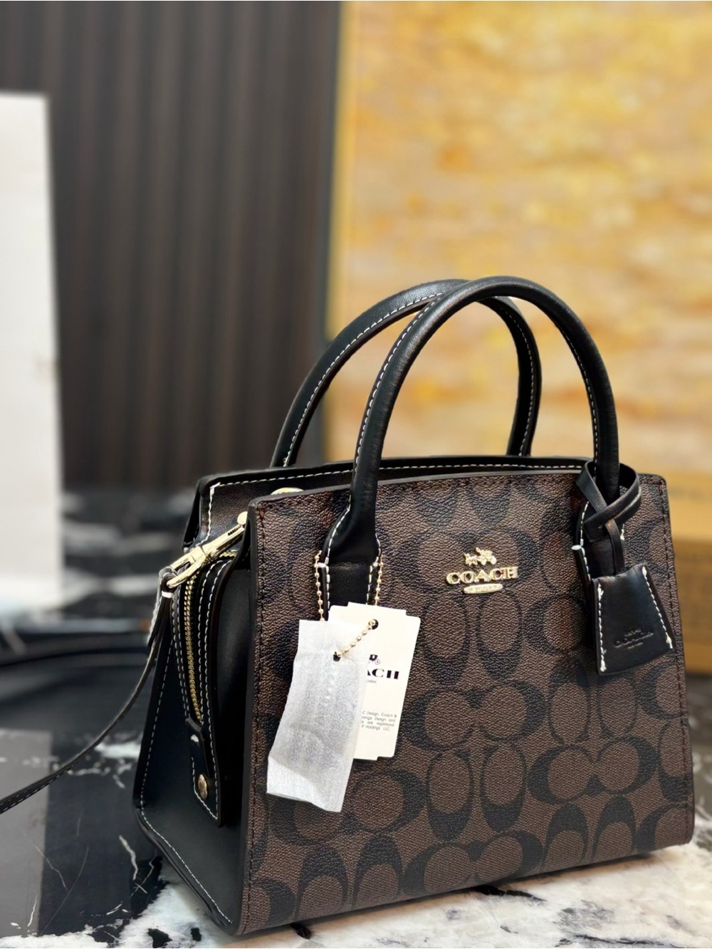 Coach Brown Signature Canvas Satchel with Black Trim - Picture 1 of 3